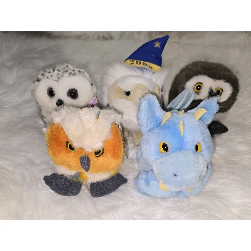 Lot 6 Vintage Swibco Puffkins Enchanted plush with Tags 1990's Owl Wizard Dragon